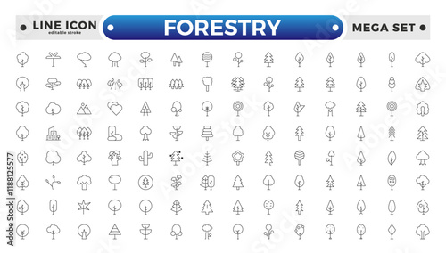 Tree and Forest outline Icon Pack. Modern Collection for Design, Web Sites, Apps, Cards. Contains Linear Images of Deciduous and Coniferous Trees. Editable stroke outline icon.
