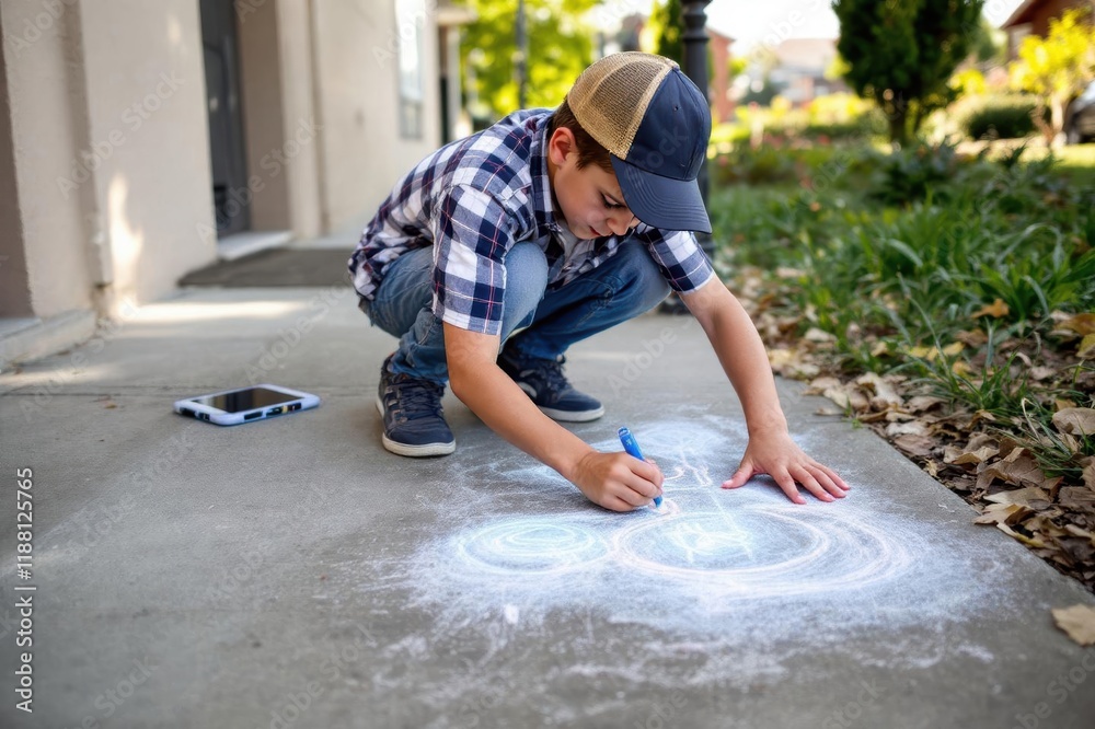 Boy drawing on sidewalk with chalk Boy drawing on sidewalk with chalk