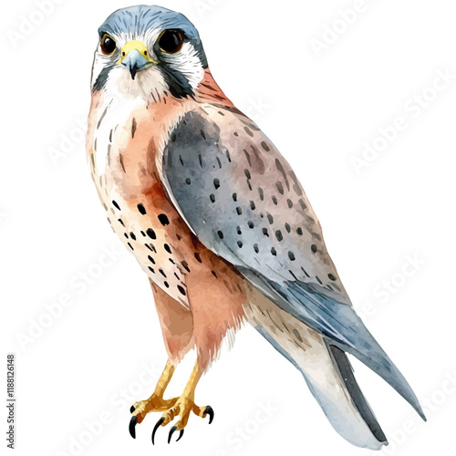 A watercolor vector painting of a Kestrel, isolated on a white background. Kestrel vector.

