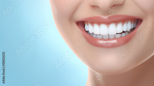 Close-up of a Woman's Bright, Healthy Smile against a Light Blue Background