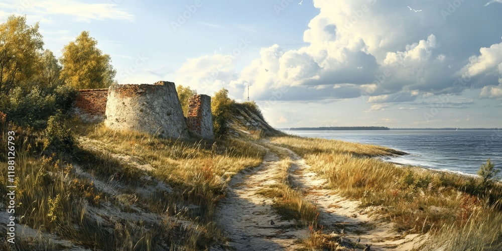 Fototapeta premium Coastal landscape featuring a historic fort along the Baltic spit, showcasing the beauty of the area, with elements of history and nature intertwined in this captivating Baltic scene.