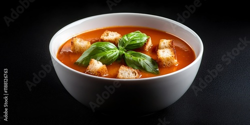 Bowl of tomato soup featuring croutons and basil leaves set against a black background, ideal for highlighting the flavorful tomato soup. Perfect view for showcasing delicious tomato soup.