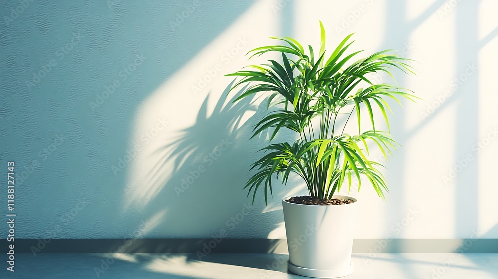 Green potted plant in sunlight near a wall Green potted plant in sunlight near a wall