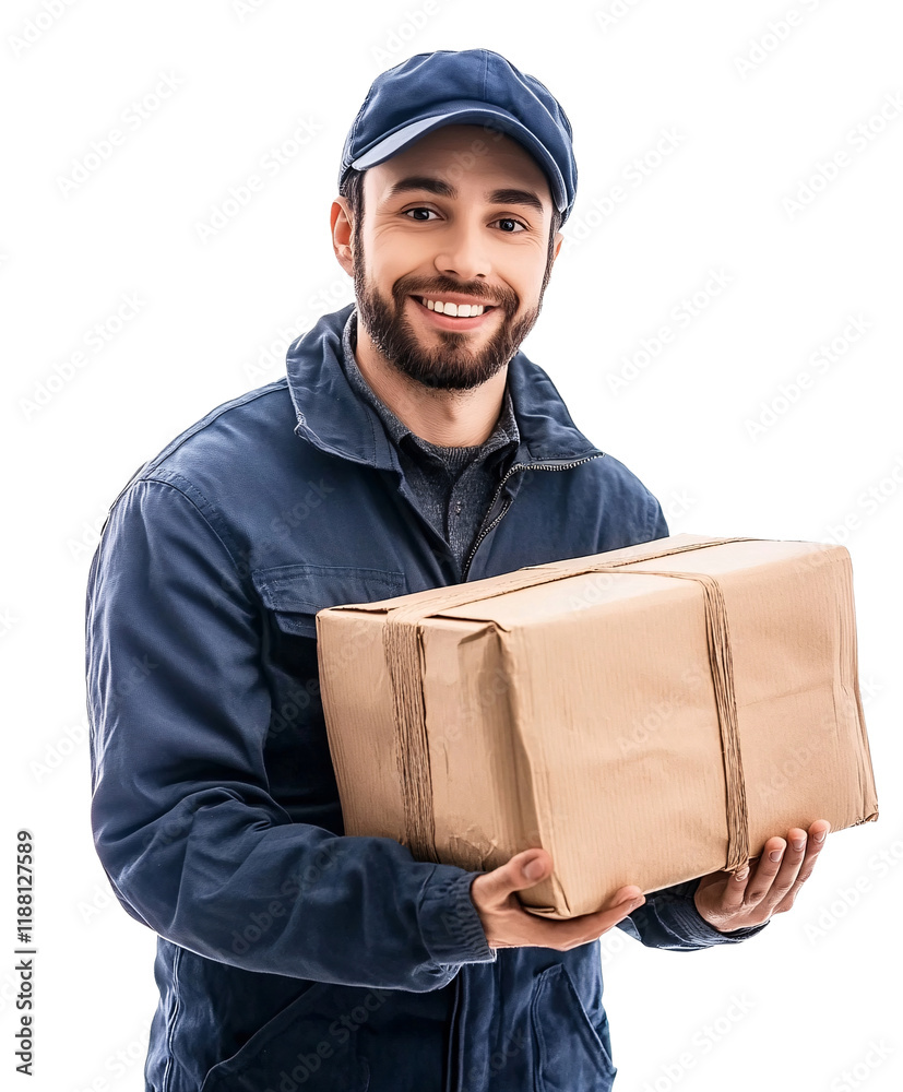 Smiling delivery man holding cardboard box, isolated on transparent background. Smiling delivery man holding cardboard box, isolated on transparent background.