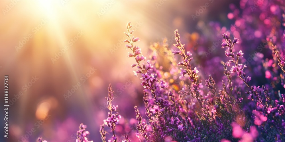 Naklejka premium Heather blooming under gentle sun rays creates a captivating scene. The beauty of heather blooming, illuminated by soft sun rays, enhances the natural charm of the landscape.