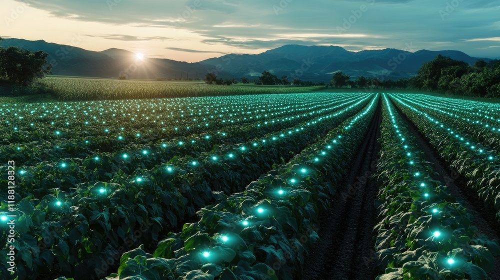 Fototapeta premium AI-driven agriculture concept with glowing sensors in a lush, green field, representing intelligent crop management.