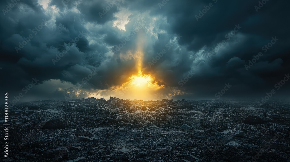 Obraz premium Dramatic Sunset Over Dark Landscape with Stormy Clouds Above