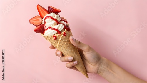 Hand holding vanilla ice cream cone topped with fresh strawberries and strawberry syrup on soft pink background