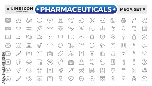 Pharmaceuticals Icon set collection. Set of vector line icons of Medicine and health for web and apps. modern icon and various concepts. Editable stroke outline icon.