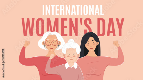 International Women's Day horizontal banner with three generations of women. Vector illustration in flat style. 8 March. Asian women.