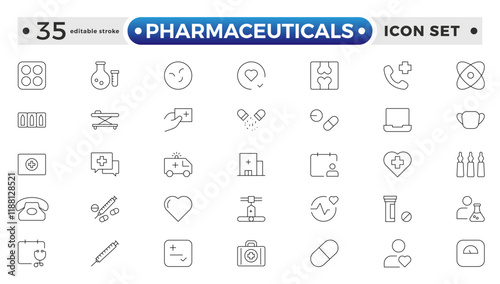 Pharmaceuticals Icon set collection. Set of vector line icons of Medicine and health for web and apps. modern icon and various concepts. Editable stroke outline icon.