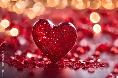 Red glitter volumetric heart on red shiny blurred background. Love Valentine's Day on February 14. Send Valentine, small gift, letter with declaration of love to beloved