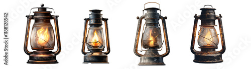 Vintage oil lantern with burning flame isolated on transparent background.