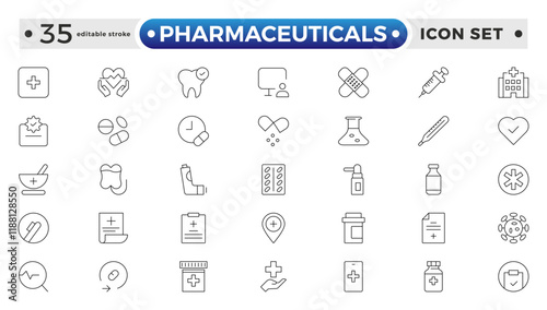 Pharmaceuticals Icon set collection. Set of vector line icons of Medicine and health for web and apps. modern icon and various concepts. Editable stroke outline icon.