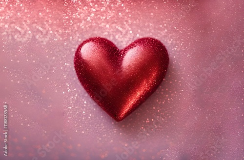 Red volumetric heart on pink shiny background. Love Valentine's Day on February 14. Send Valentine, small gift, letter with declaration of love to beloved