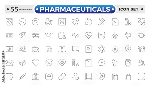 Pharmaceuticals Icon set collection. Set of vector line icons of Medicine and health for web and apps. modern icon and various concepts. Editable stroke outline icon.