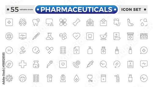 Pharmaceuticals Icon set collection. Set of vector line icons of Medicine and health for web and apps. modern icon and various concepts. Editable stroke outline icon.
