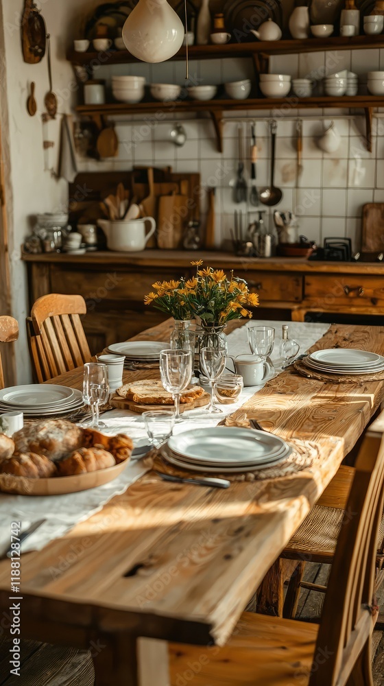 Cozy Dining Room Setup with Rustic Wooden Table and Tableware Cozy Dining Room Setup with Rustic Wooden Table and Tableware