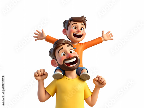 3D Cartoon Caricature of a Child Sitting on His Father’s Shoulders – Happy Father-Son Bonding and Family Love Concept Illustration