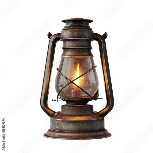 Vintage oil lantern with burning flame isolated on transparent background.