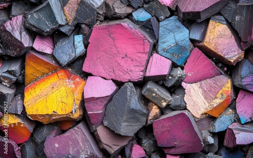 Vibrant hues of iridescent crystals! A mesmerizing close-up revealing their fractured surfaces and breathtaking color variations.