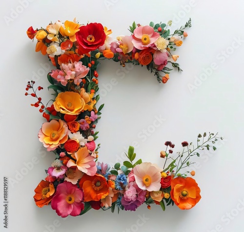 Floral Letter L, Studio Shot, White Background, Design Element.