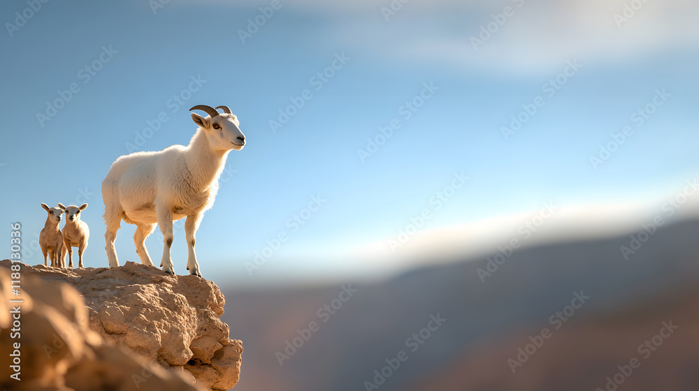 Fototapeta premium group of ibex standing on rocky cliffs, showcasing their agility and strength in stunning natural landscape. scene captures beauty of wildlife in its habitat
