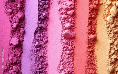 Vibrant hues of powdered pigments create a stunning visual symphony. Shades of pink, purple, and orange blend seamlessly.