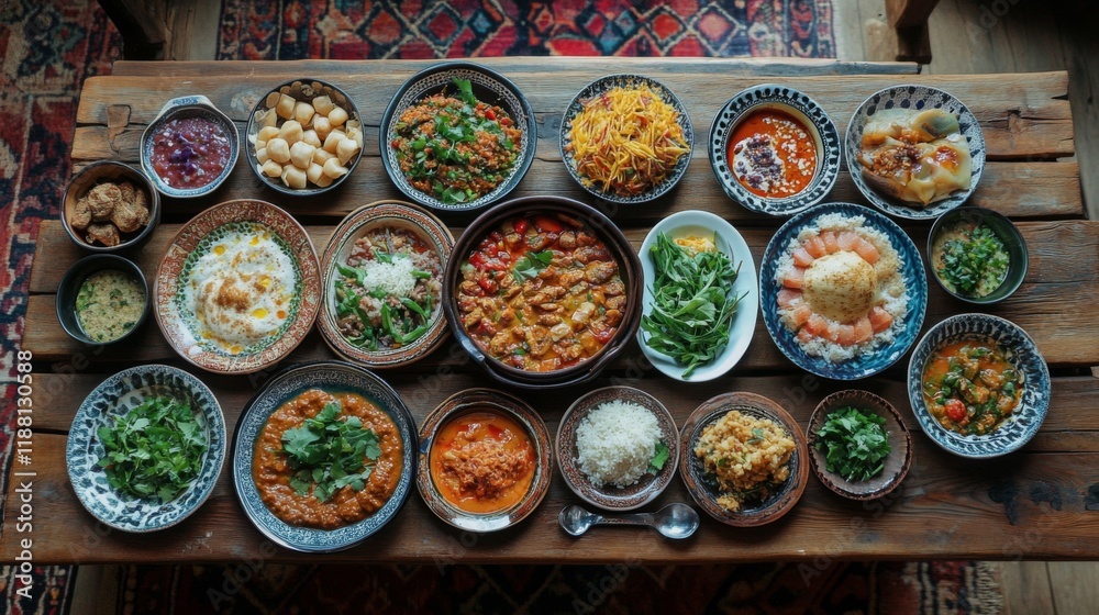 Fototapeta premium A Table Set With Many Delicious Dishes Of Food