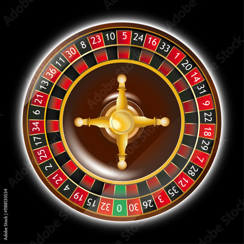 Glowing roulette wheel vector illustration. Spin gambling game with prizes. Casino roulette 3d object on blue background