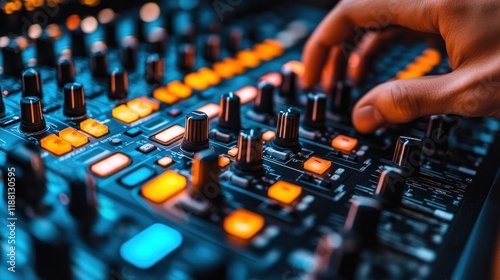 Close-up of a hand adjusting audio mixer controls.