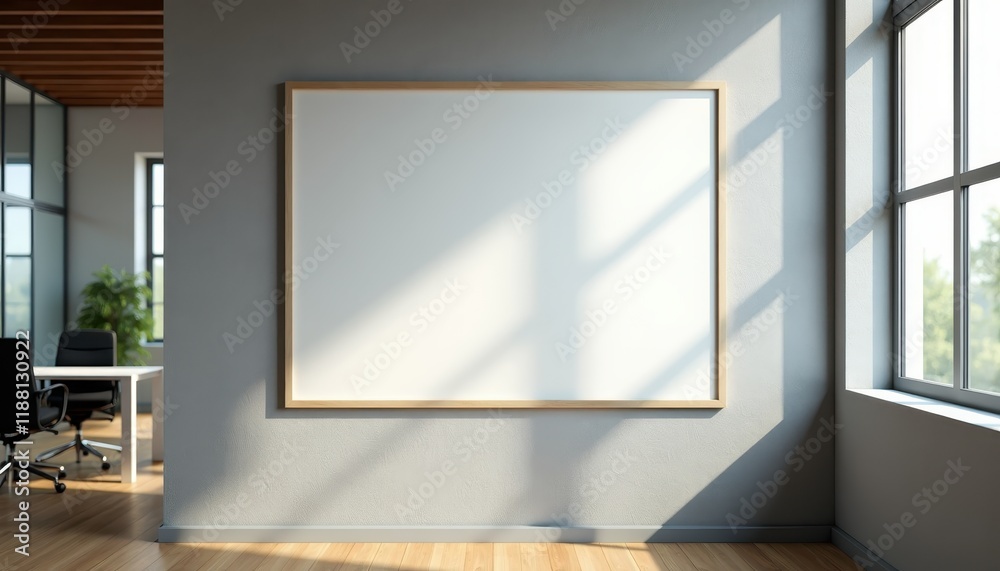 An empty pristine poster board mounted on the wall in a professional office.