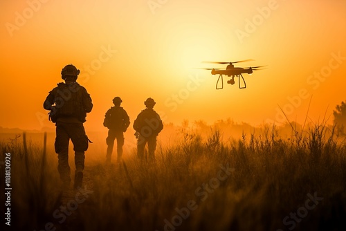 Soldiers Silhouette at Sunset with Drone Surveillance photo