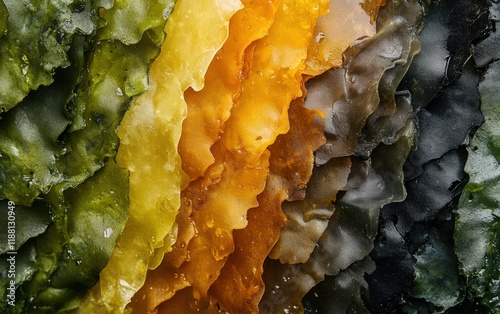 Earthy Hues: A mesmerizing macro view of natural dye extracts, showcasing rich greens, golden yellows, and deep blacks. Nature's palette revealed! photo