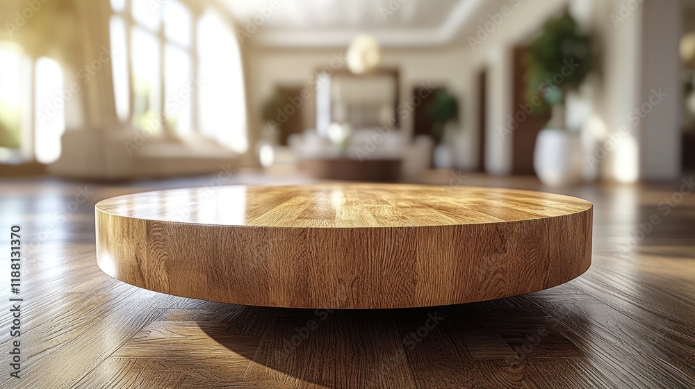 Fototapeta premium Round wooden display in luxury home interior, sunlit room background.
