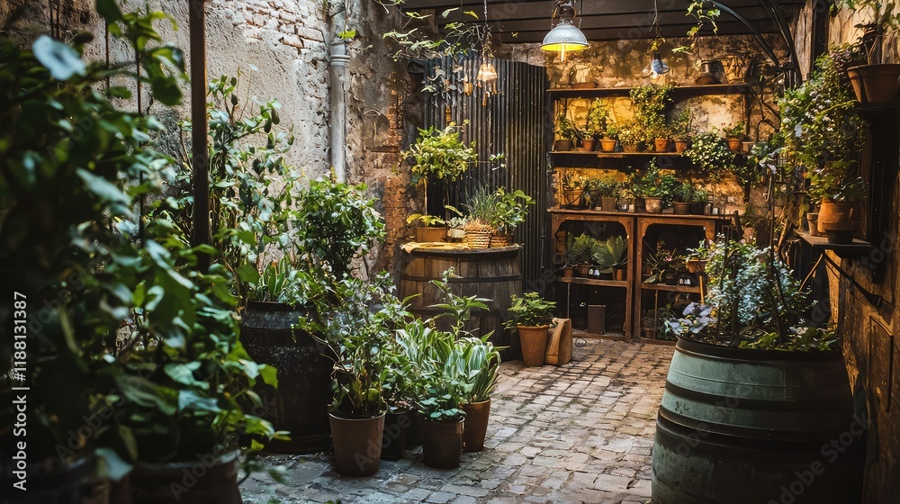 Fototapeta premium Lush Indoor Garden Space with Plants and Rustic Decor Elements