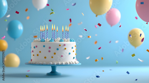 joyful birthday celebration featuring colorful cake with candles, surrounded by balloons and confetti, creating festive atmosphere