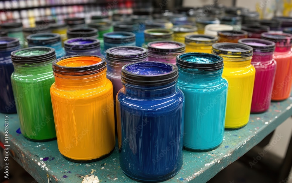 A vibrant spectrum of ink colors arranged in a captivating display. Each jar bursts with intensity, promising creative adventures. A vibrant spectrum of ink colors arranged in a captivating display. Each jar bursts with intensity, promising creative adventures.