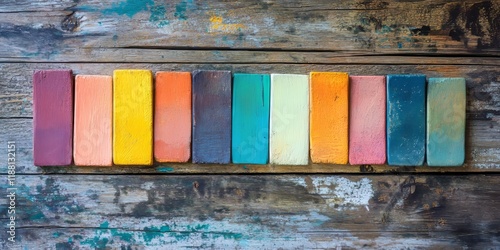 Color palette displayed on a rustic wooden background, showcasing a vibrant array of hues. The color palette invites creativity, inspiring various artistic projects and designs. photo