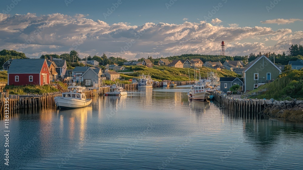 Fototapeta premium Tranquil Harbor Scene with Colorful Houses and Calm Waters