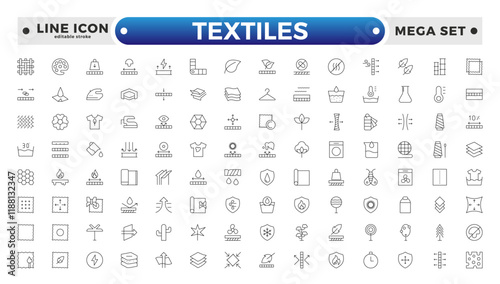 Textiles outline icon. Fabric features line icon set. Fabric, textile material, cotton, leather, silk, synthetics, wool, bamboo, waterproof, windproof and others. Editable stroke outline icon.
