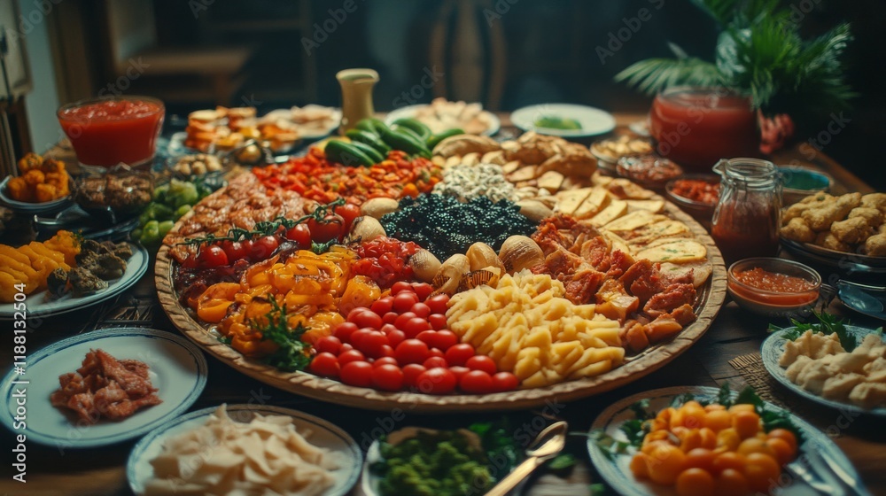 Fototapeta premium Abundant Festive Food Platter Displaying Diverse Culinary Delights
