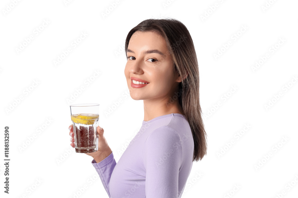 Happy young woman with glass of lemon infused water on white background Happy young woman with glass of lemon infused water on white background