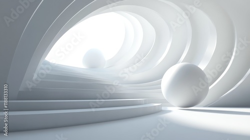 Fototapeta Naklejka Na Ścianę i Meble -  Abstract white architectural interior with spheres and curved walls.