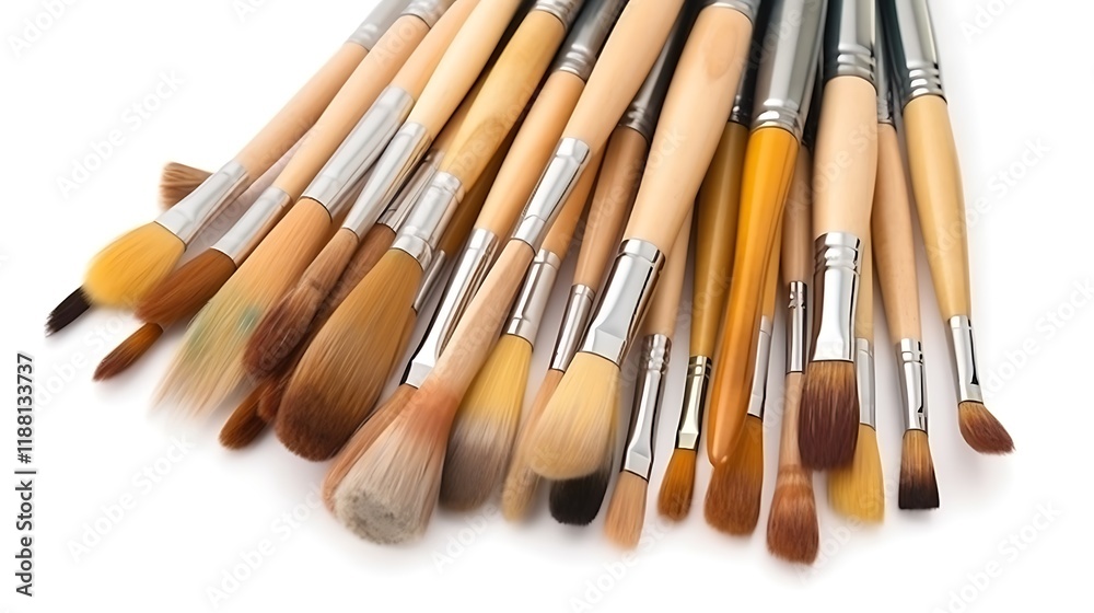 Fototapeta premium Isolated set of artist paintbrushes with wooden handles isolated on solid white background.