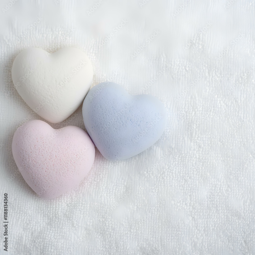 Obraz premium Pastel hearts on soft fabric, Valentine's Day, romantic background, greeting card design