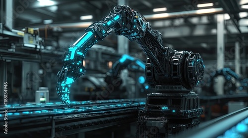 Mechanical robotic arm with a glowing blue joint working on high-speed conveyor systems in a factory. photo
