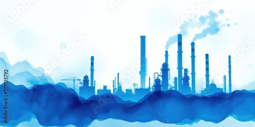 A silhouette of an industrial complex with smokestacks against a backdrop of abstract blue watercolor waves.