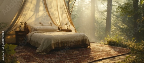 Romantic bed inside a forest canopy tent at sunrise.