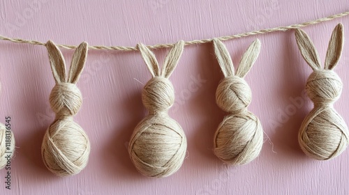 Cute handmade twine bunnies forming a decorative garland, arranged on a pink background. Concept of crafts and festive decor photo